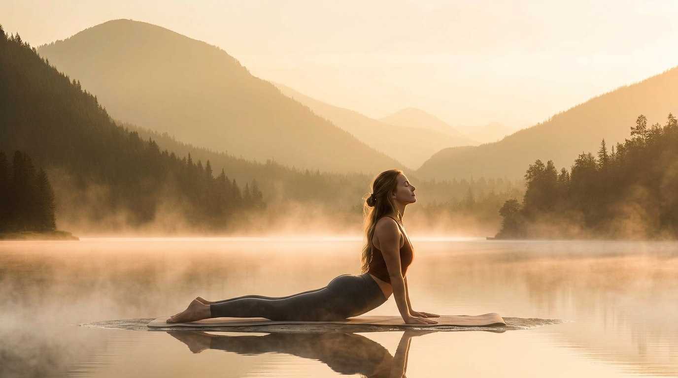 Vrouw in Cobra houding (Bhujangasana) bij een bergmeer